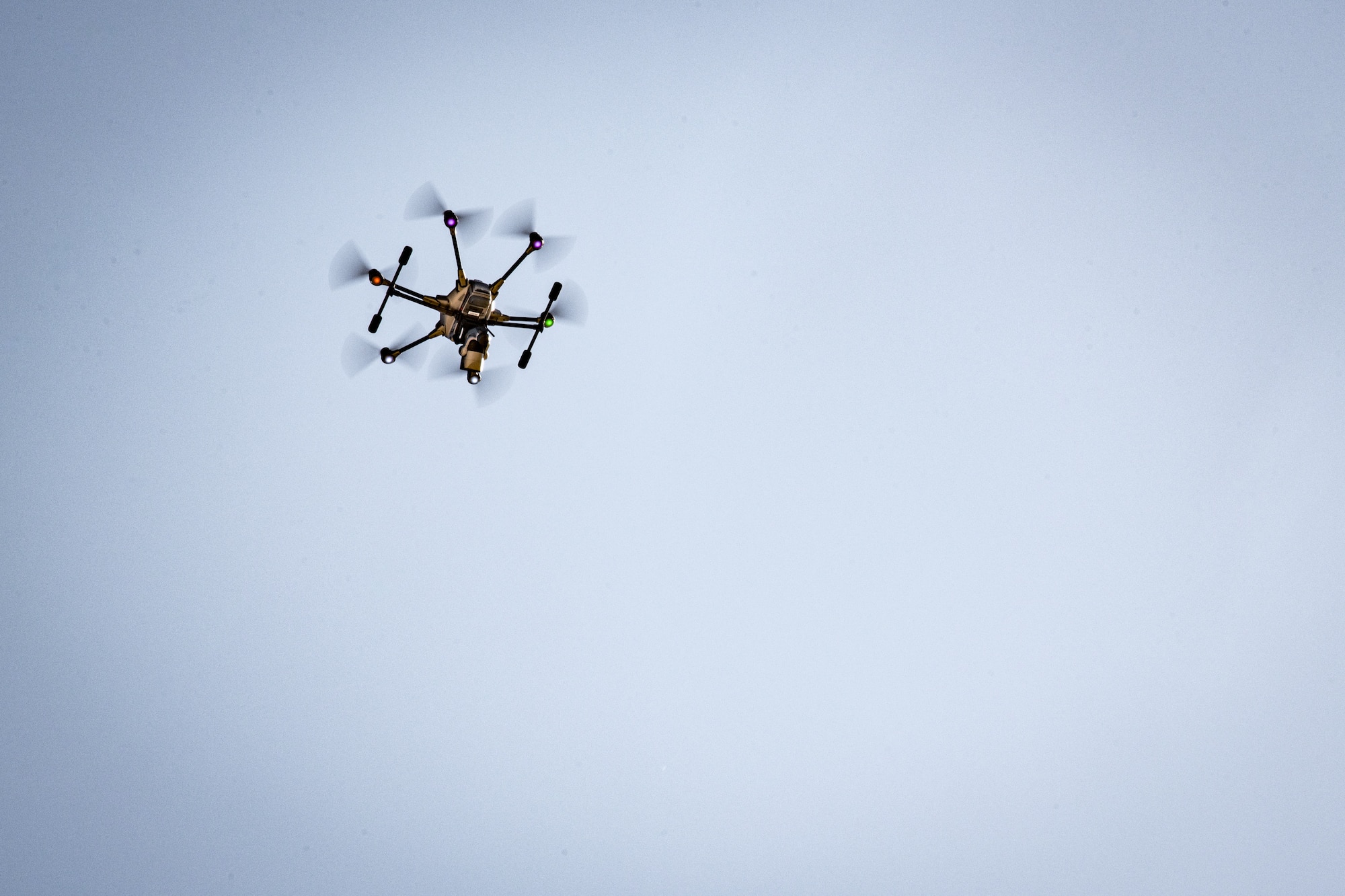 A drone hovers in the air