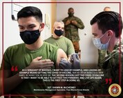 U.S. Marine Corps Sgt. Shawn M. McChesney, a Maintenance Management Specialist assigned to Fleet Marine Force Atlantic, receives the Coronavirus Disease 2019 (COVID-19) vaccine at Sewell’s Point, Norfolk, Virginia, Jan. 15, 2021. Receiving the COVID-19 vaccine helps protect you, your family and your unit from infection, and ensures Marines and Sailors stay ready to accomplish the mission. (U.S. Marine Corps Photo Illustration by Jonathan Donnelly/Released)