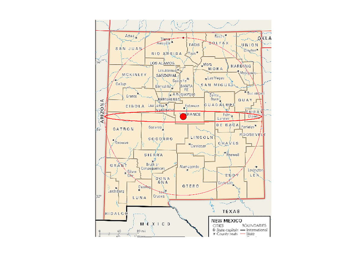 Asteroid Roxane and its satellite Olympias shown over New Mexico to give a sense of scale. The true orbit of Olympias around Roxane is the large circle, and the sizes of Roxane and Olympias are the filled circles. Olympias orbits around Roxane every 12 days. (Image courtesy of AFRL)