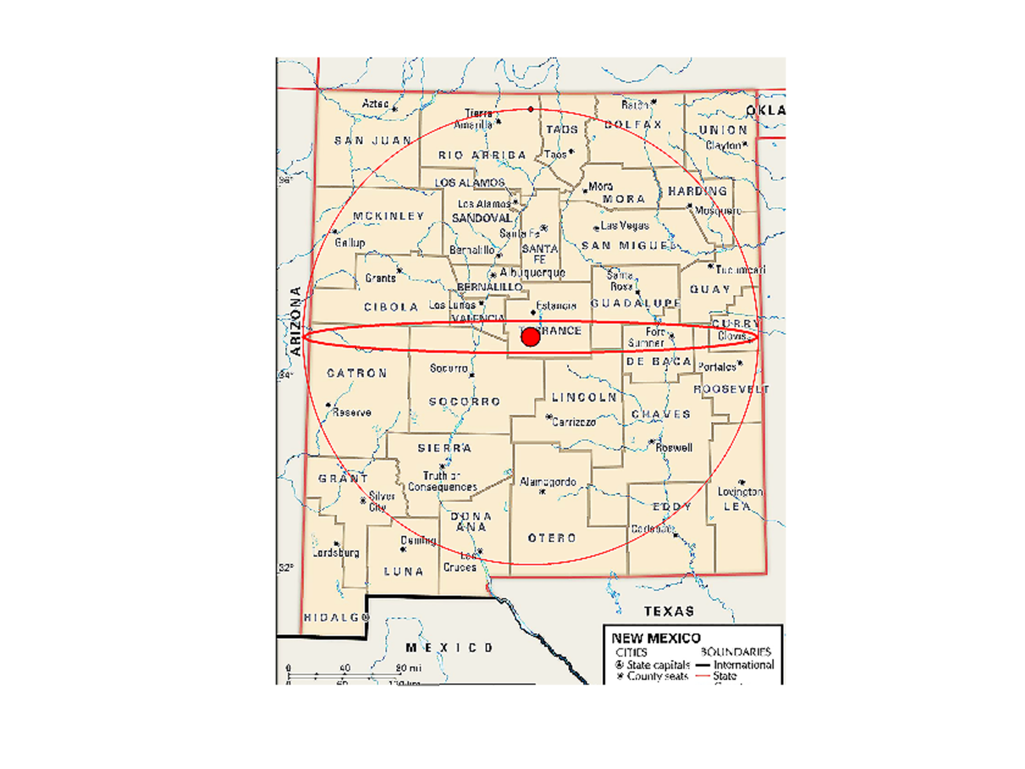 Asteroid Roxane and its satellite Olympias shown over New Mexico to give a sense of scale. The true orbit of Olympias around Roxane is the large circle, and the sizes of Roxane and Olympias are the filled circles. Olympias orbits around Roxane every 12 days. (Image courtesy of AFRL)