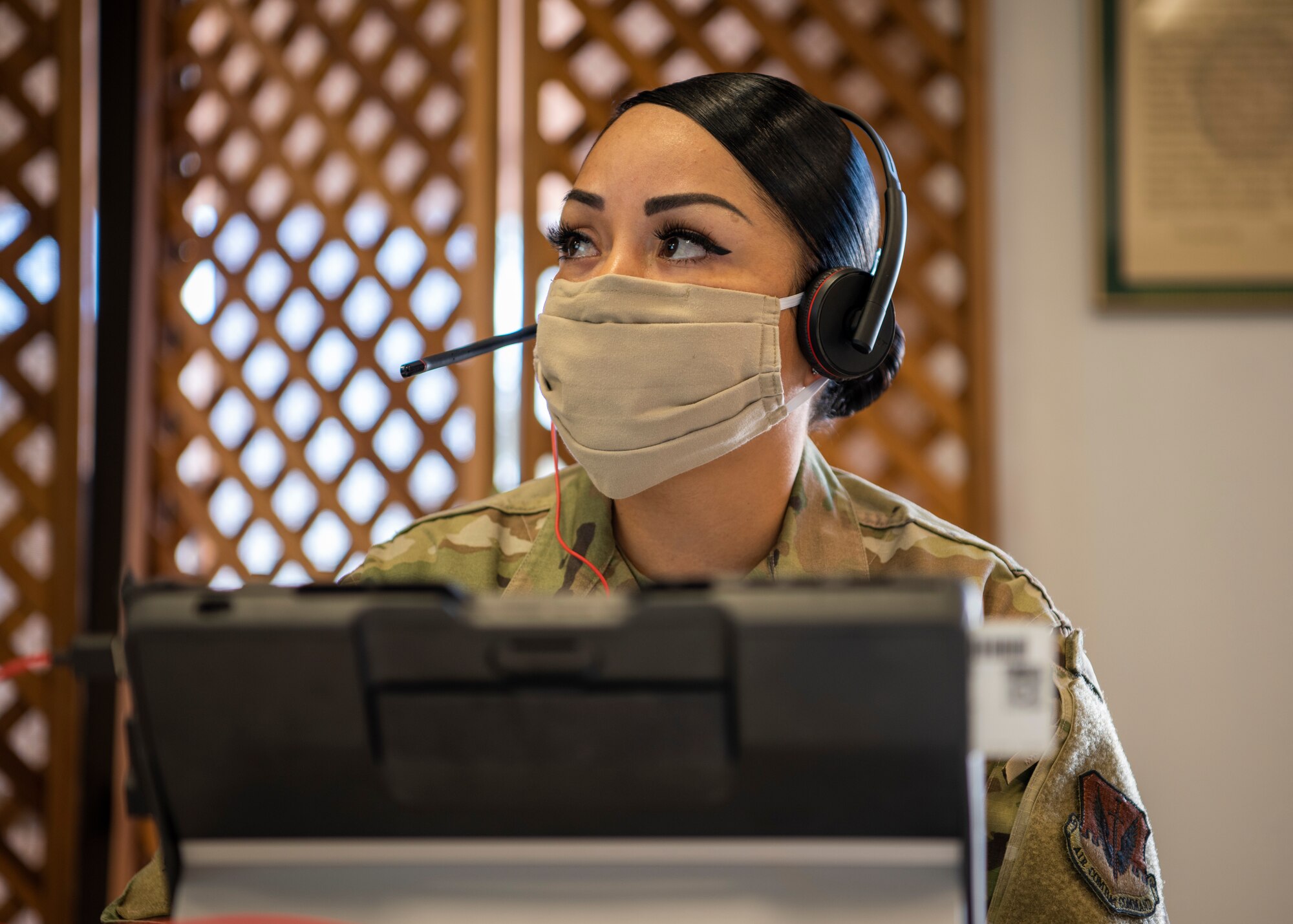 Master Sergeant Wynee Diaz, 12th Air Force (Air Forces Southern) A5I Superintendent, listens to a discussion during the virtual Air Force Section Chief Theater Security Cooperation workshop at Davis Monthan Air Force Base, Jan. 12, 2021. The AFSEC workshop brings together the Security Cooperation Office and Air Force section chiefs from U.S. Embassies throughout the U.S. Southern Command area of operations to discuss theater cooperation strategy with key enablers and stakeholders in the security cooperation enterprise.
