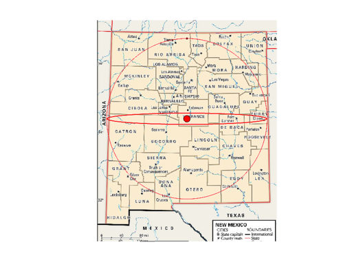 Asteroid Roxane and its satellite Olympias shown over New Mexico to give a sense of scale. The true orbit of Olympias around Roxane is the large circle, and the sizes of Roxane and Olympias are the filled circles. Olympias orbits around Roxane every 12 days. (Image courtesy of AFRL)