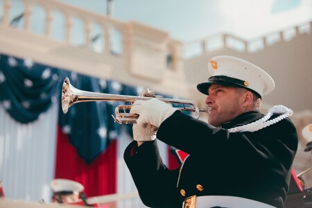 Master Gunnery Sgt. Kurt Dupuis, trumped player in the United States Marine Band, performs during the 2021 Inaugral Ceremony.

(U.S. Marine Corps photo by Staff Sgt. Christian Thesken/released)