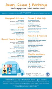 The A&FRC offers a myriad of classes free of charge including Employment, Personal & Work Life, Deployment & Reintegration, Personal Financial Readiness, Relocation, Transition Assistance Program, Exceptional Family Member Program, Survivor Benefits workshops, as well as individual appointments.
