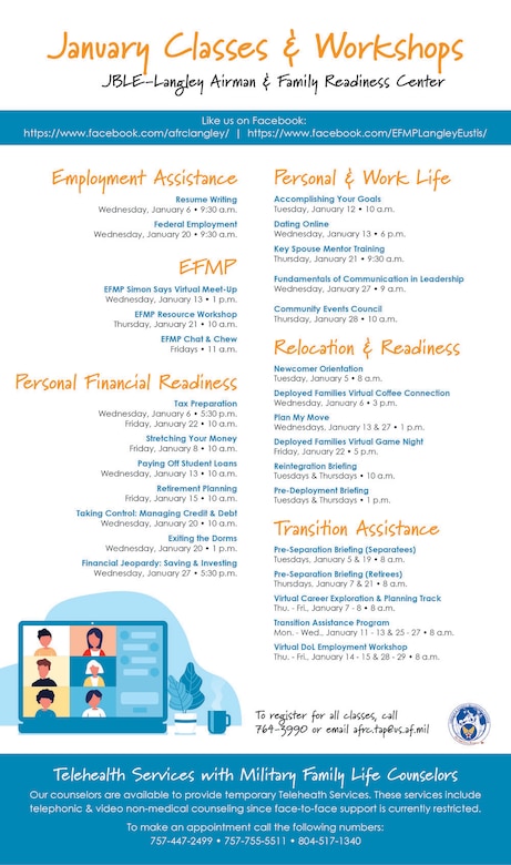 The A&FRC offers a myriad of classes free of charge including Employment, Personal & Work Life, Deployment & Reintegration, Personal Financial Readiness, Relocation, Transition Assistance Program, Exceptional Family Member Program, Survivor Benefits workshops, as well as individual appointments.