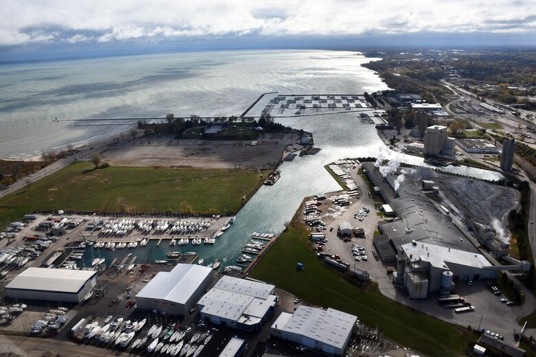 Aerial photo of Waukegan Harbor, Illinois, from Oct. 29, 2020. Waukegan Harbor will receive $3.3M in funding for breakwater repairs and dredging through the U.S. Army Corps of Engineers Fiscal Year 2021 Work Plan. In addition, dredged material from the harbor will be used at six public parks and beaches. This beneficial use of dredged material project is funded at $1.7M under Section 1122 of the Water Resources Development Act of 2016. (U.S. Army photo by Paul Mazzeno/Released)