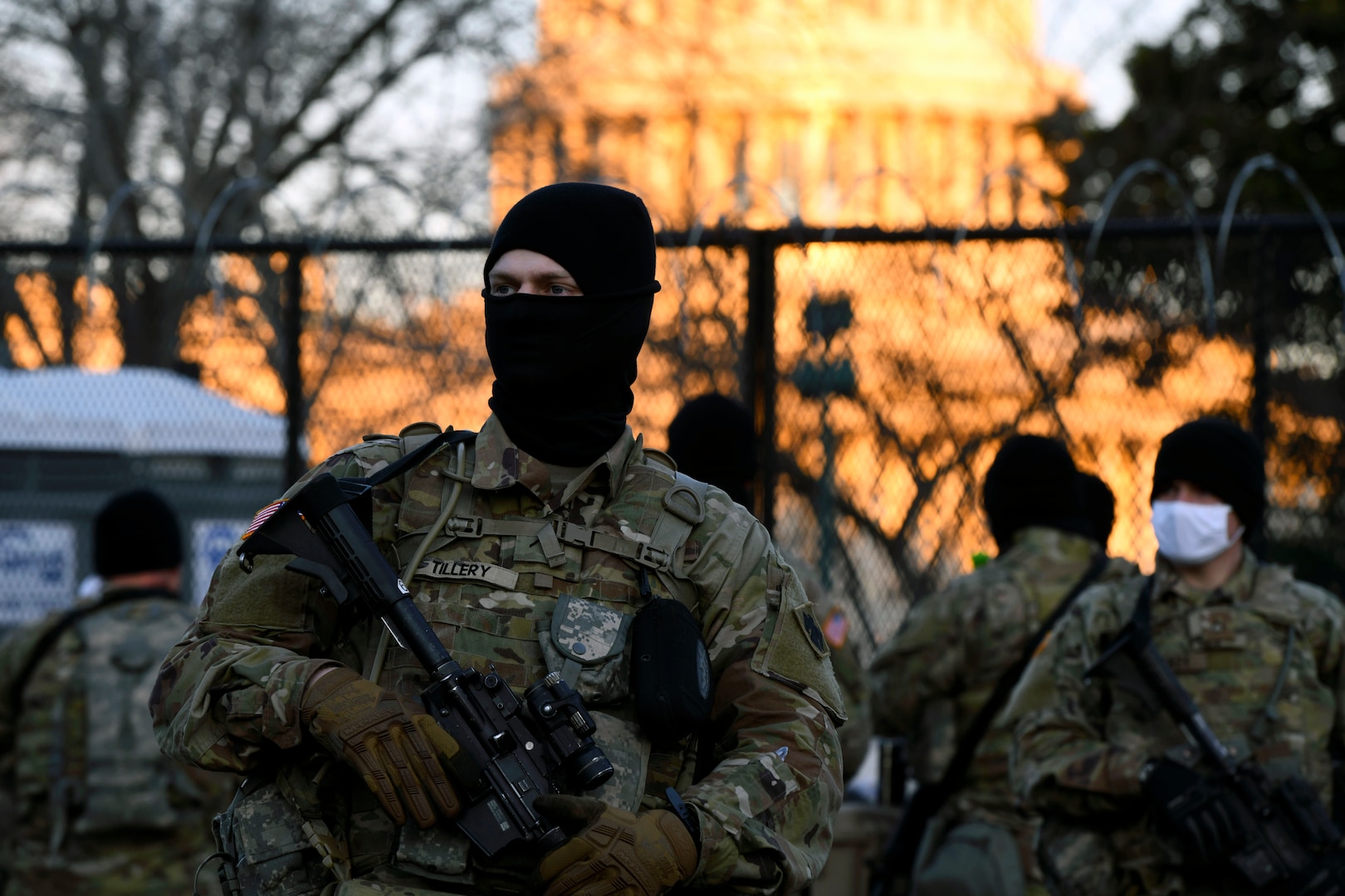 Specialist Dillon Tillery, with the Oklahoma Army National Guard’s 45th Infantry Brigade Combat Team, guards a perimeter on the east side of the U.S. Capitol during the 59th presidential inauguration in Washington Jan. 20, 2021. More than 26,000 National Guard men and women conducted security, communication and logistical missions in support of federal and district authorities for the inauguration.