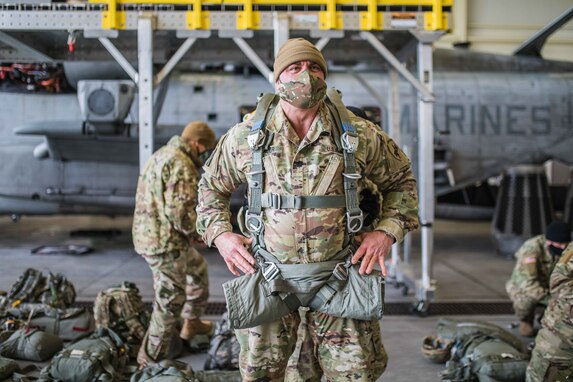 U.S. Army Reserve 1st Sgt. Keli D. Mule, with A Company, 404th Civil Affairs Battalion, 304th Civil Affairs Brigade, 353rd Civil Affairs Command, U.S. Army Civil Affairs & Psychological Operations Command (Airborne), prepares to conduct non-tactical airborne operations at Joint Base McGuire-Dix-Lakehurst, N.J., Jan. 8, 2021.