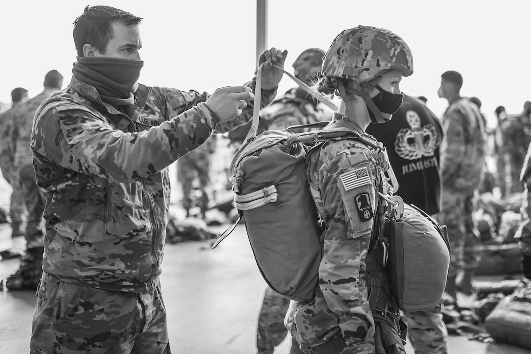 U.S. Army Reserve Paratroopers with the 404th Civil Affairs Battalion and the 450th Civil Affairs Battalion, U.S. Army Civil Affairs & Psychological Operations Command (Airborne), conduct a jump master personnel inspection at Joint Base McGuire-Dix-Lakehurst, N.J., Jan. 8, 2021.