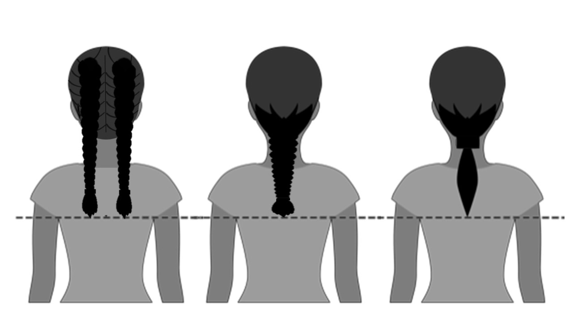 Upon publication of the new standards in Air Force Instruction 36-2903 in February, female Airmen will be able to wear their hair in up to two braids or a single ponytail with bulk not exceeding the width of the head and length not extending below a horizontal line running between the top of each sleeve inseam at the under arm through the shoulder blades. In addition, women’s bangs may now touch their eyebrows, but not cover their eyes. (Courtesy graphic)