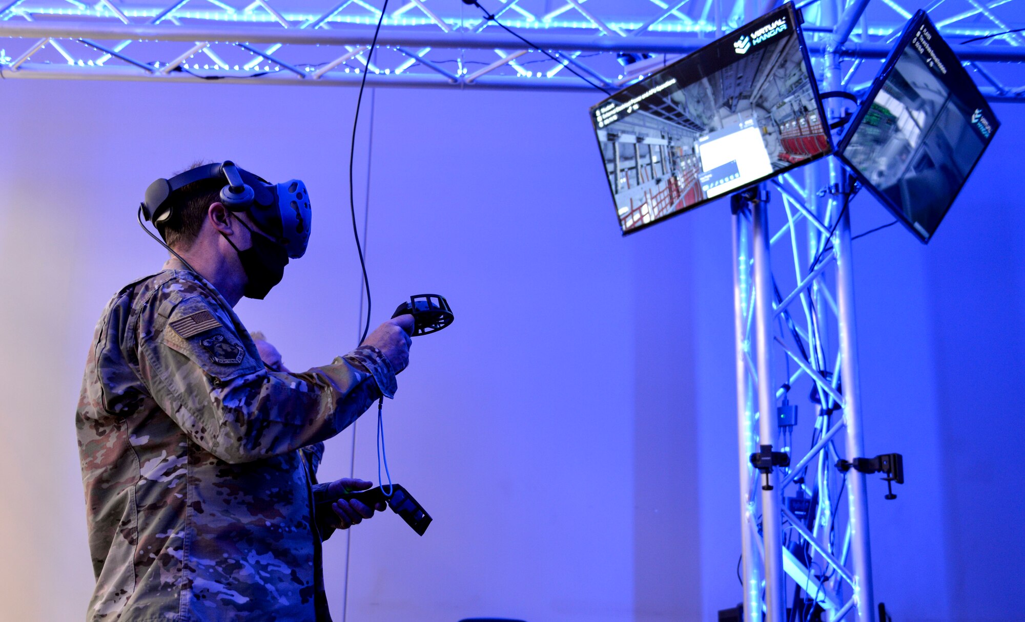 A person utilizes a VR training station