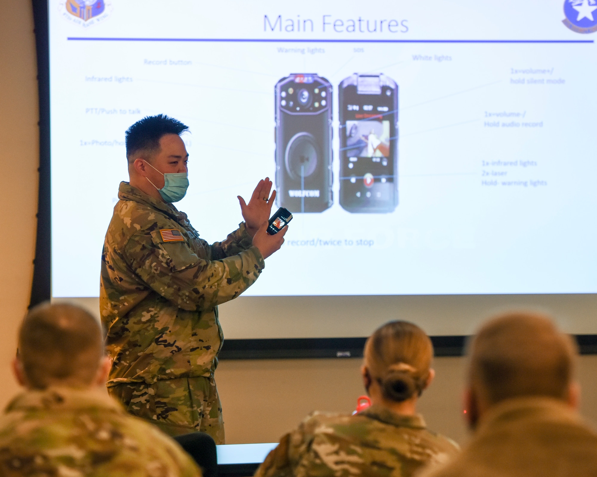 U.S. Army Sgt. Chung-Yi Chen, a 545th Military Police Detachment/673d Security Forces Squadron S3 training section conducts a body camera training Jan. 6, 2021, at Joint Base Elmendorf-Richardson, Alaska. The 673d SFS has begun integrating 60 new, high-tech body cameras into daily operations after the adaptable technology reached a point of not only being a reliable safety and training instrument, but a multifunctional accountability tool serving all. (U.S. Air Force photo by Senior Airman Crystal A. Jenkins)