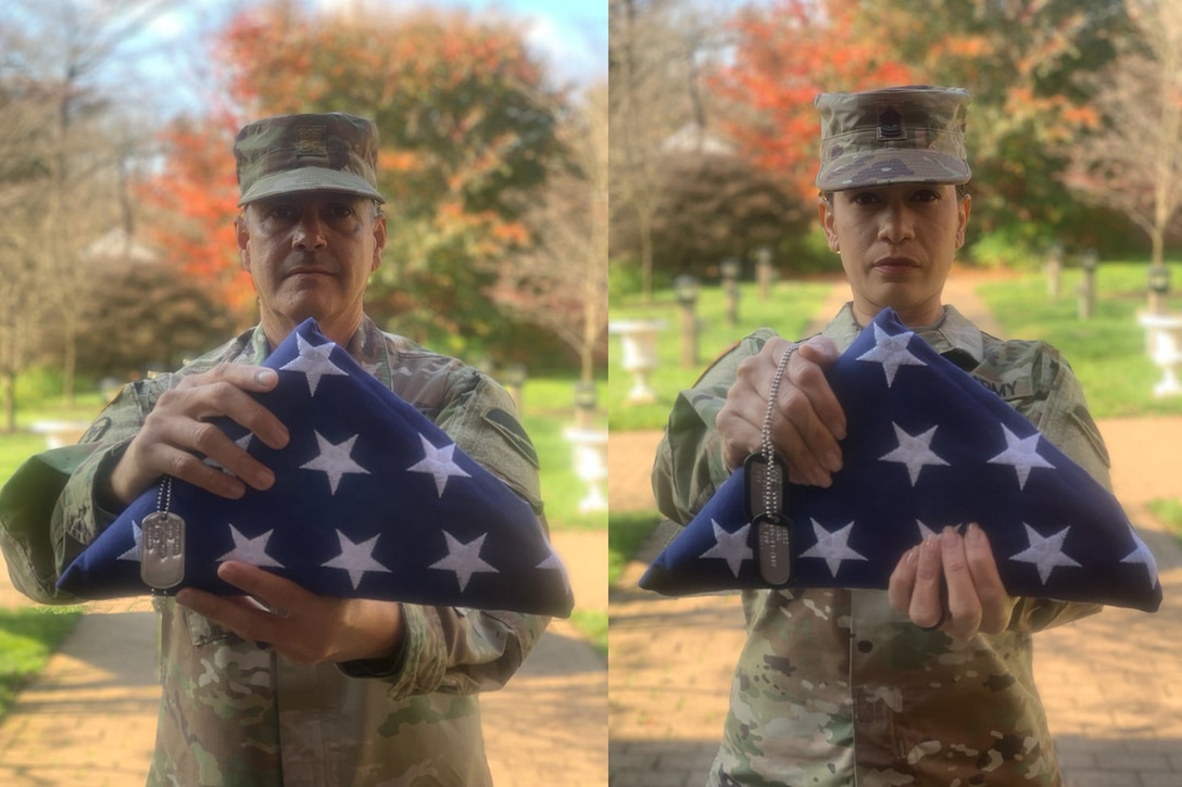 Retired Soldiers Alvin and Yara Lopez display their retirement flags.