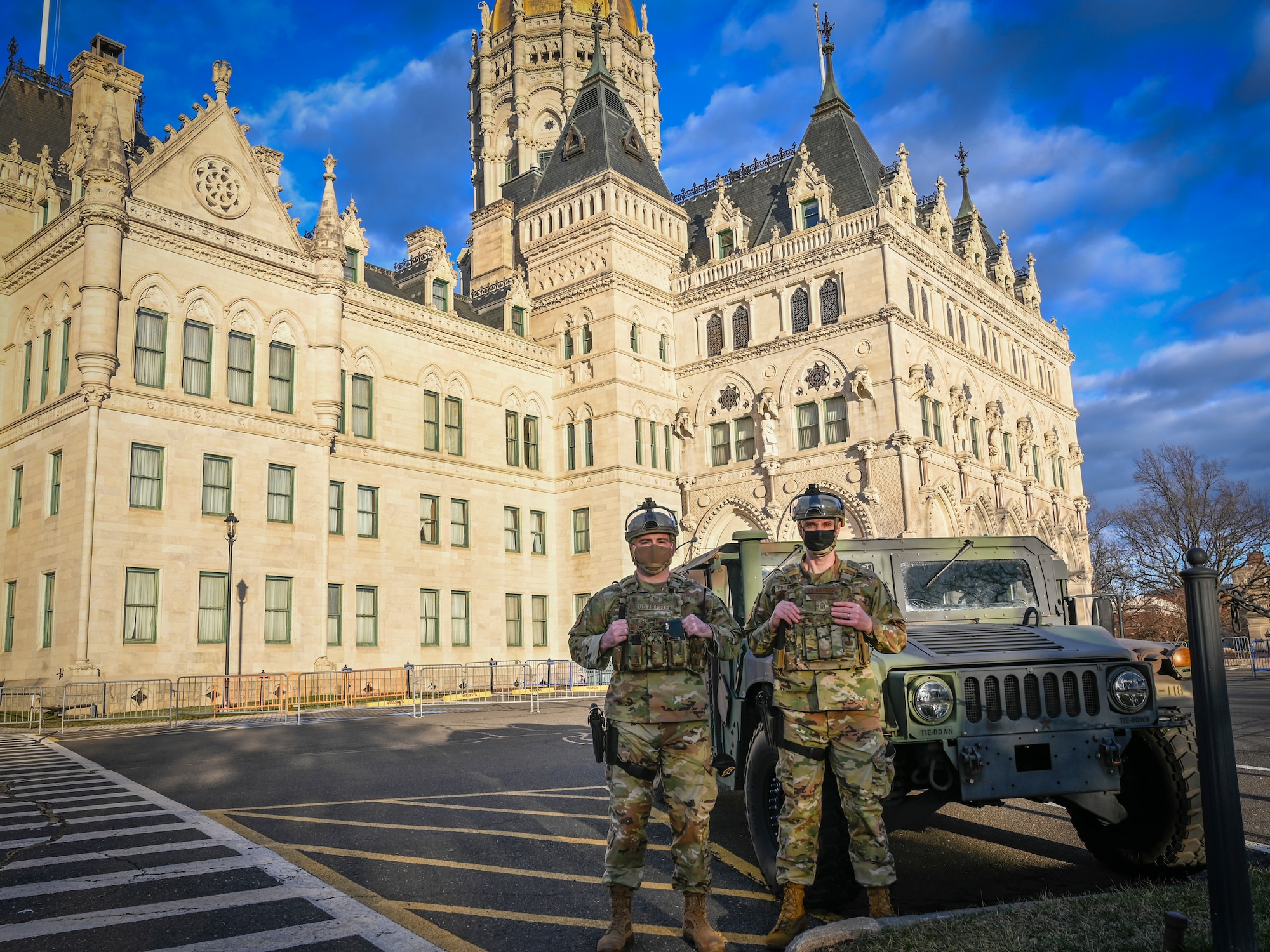 Connecticut Air National Guard Security Forces Airmen provide security support at the Connecticut State Capitol in Hartford, Connecticut, Jan. 17, 2021. The Connecticut National Guard provided additional security for critical infrastructure in support of local and state law enforcement ahead of the 59th Presidential Inauguration. (U.S. Air National Guard photo by Staff Sgt. Steven Tucker)