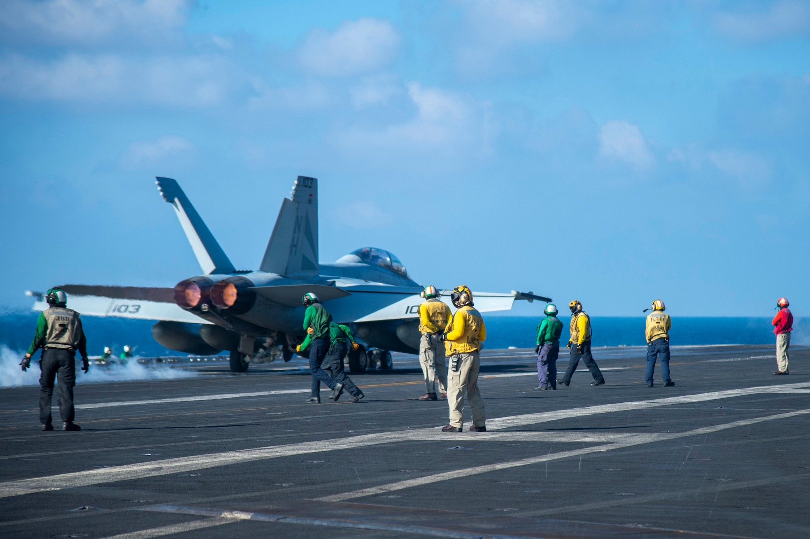 PACIFIC OCEAN (Jan. 23, 2021) – An F/A-18F Super Hornet, assigned to the “Black Knights” of Strike Fighter Squadron (VFA) 154, takes off from the flight deck of the aircraft carrier USS Theodore Roosevelt (CVN 71) Jan. 23, 2021. The Theodore Roosevelt Carrier Strike Group is on a scheduled deployment to the U.S. 7th Fleet area of operations. As the U.S. Navy's largest forward deployed fleet, with its approximate 50-70 ships and submarines, 140 aircraft, and 20,000 Sailors in the area of operations at any given time, 7th Fleet conducts forward-deployed naval operations in support of U.S. national interests throughout a free and open Indo-Pacific area of operations to foster maritime security, promote stability, and prevent conflict alongside 35 other maritime nations and partners.