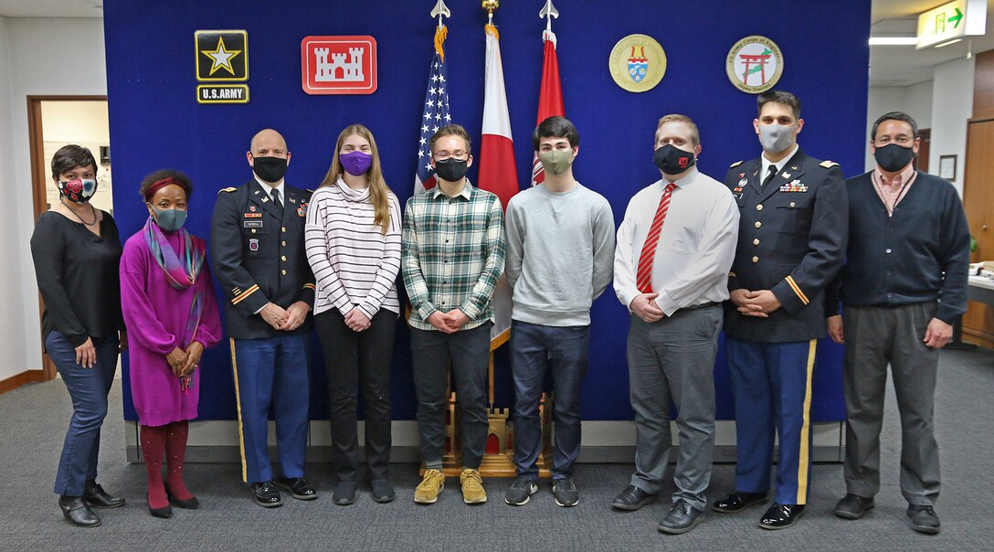 Col. Thomas J. Verell, Jr., U.S. Army Corps of Engineers, Japan Engineer District’s commander, recognized the hard work and dedication of three Zama Middle High School students Alexander Ala, Elijah Kathey, and Claudia Sharp, presenting them each a commander’s coin and letter of recommendation for use in their future careers at JED Headquarters, Jan. 22, 2021.