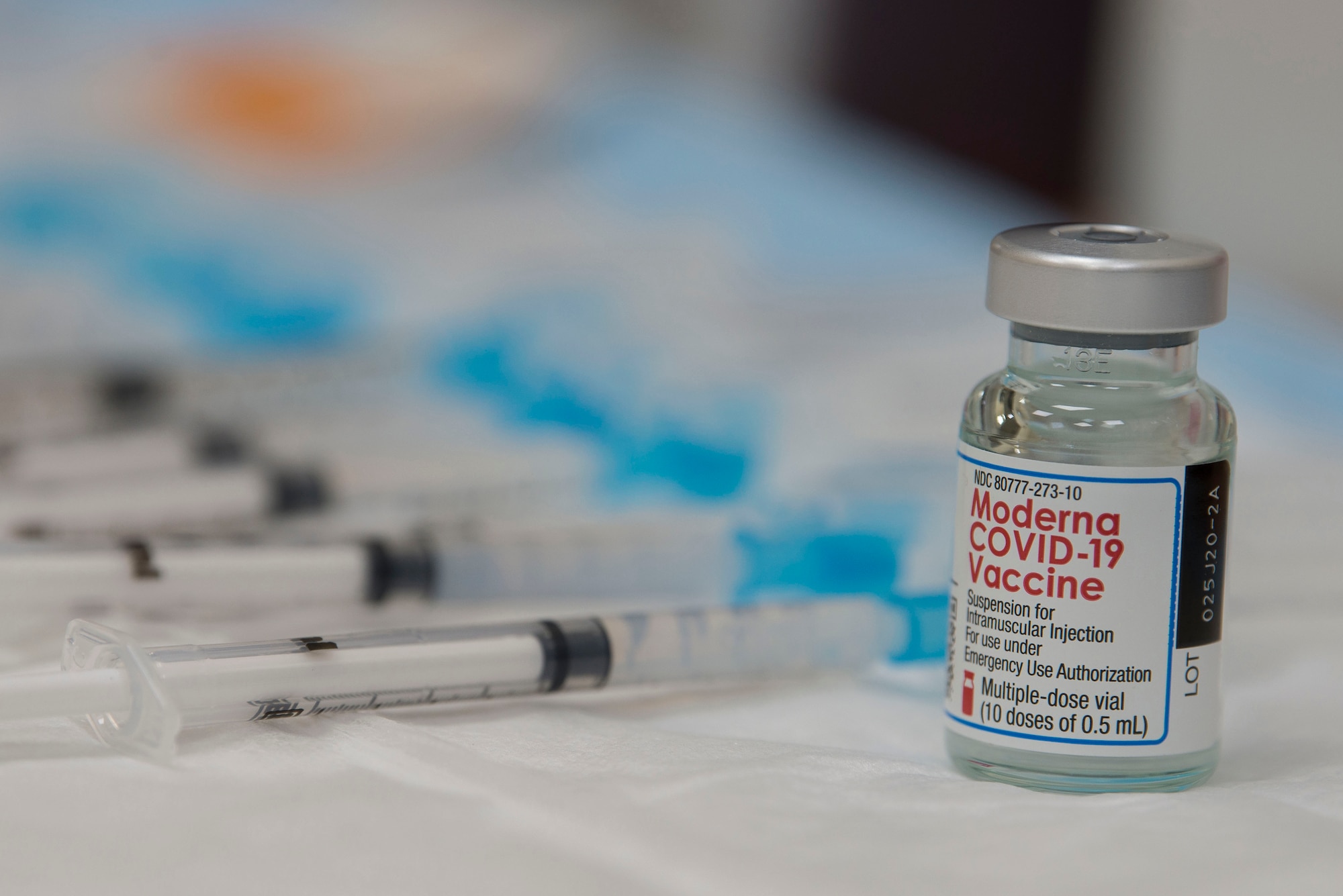 Syringes filled with COVID-19 vaccine lay at the ready at the 380th Expeditionary Medical Group (EMDG) clinic at Al Dhafra Air Base (ADAB), United Arab Emirates, Jan. 25, 2021.