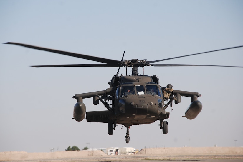 A UH-60 Black Hawk helicopter operated by Soldiers with the 28th Expeditionary Combat Aviation Brigade takes off from an airfield in the 28th ECAB's area of operations in the Middle East.