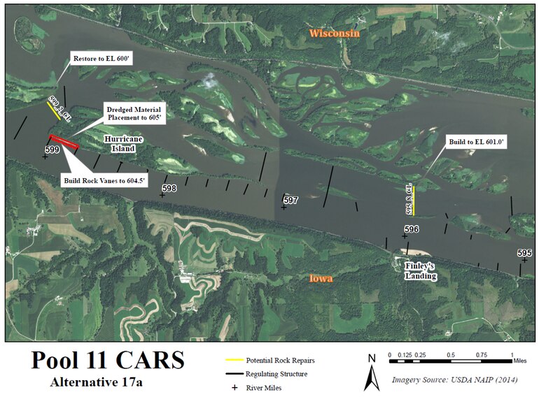 Map of proposed Regulating Structure Repair Project for the Hurricane Island and Finley’s Landing reaches of the Mississippi River.