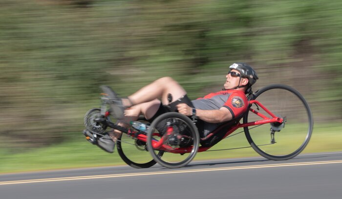 U.S. Marine Corps veteran Nathan McCormack competes in the 2020 Marine Corps Trials cycling competition at Marine Corps Base Camp Pendleton, Calif., March 8. The Marine Corps Trials promotes recovery and rehabilitation through adaptive sports participation and develops camaraderie among recovering service members. (U.S. Marine Corps photo by Lance Cpl. Dylon Grasso)