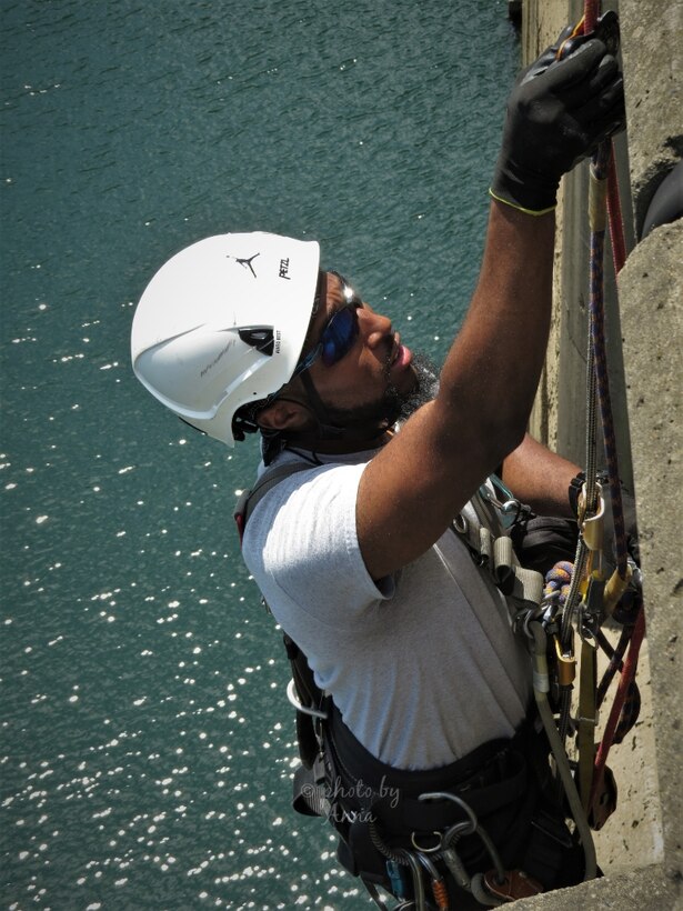 USACE Philadelphia District Structural Engineer Jordan Wynn conducts a bridge inspection at the Mahoning Creek Lake in New Bethlehem, PA in July 2020.