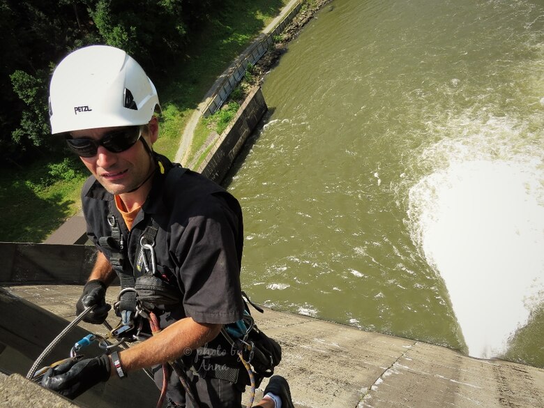 USACE Philadelphia District Structural Engineer Adrian Kollias conducts a bridge inspection at the Mahoning Creek Lake in New Bethlehem, PA in July 2020.