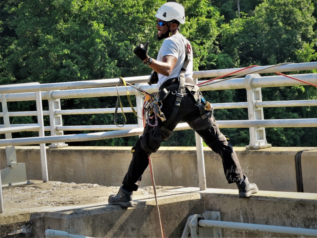 USACE Philadelphia District Structural Engineer Jordan Wynn conducts a bridge inspection at the Mahoning Creek Lake in New Bethlehem, PA in July 2020.