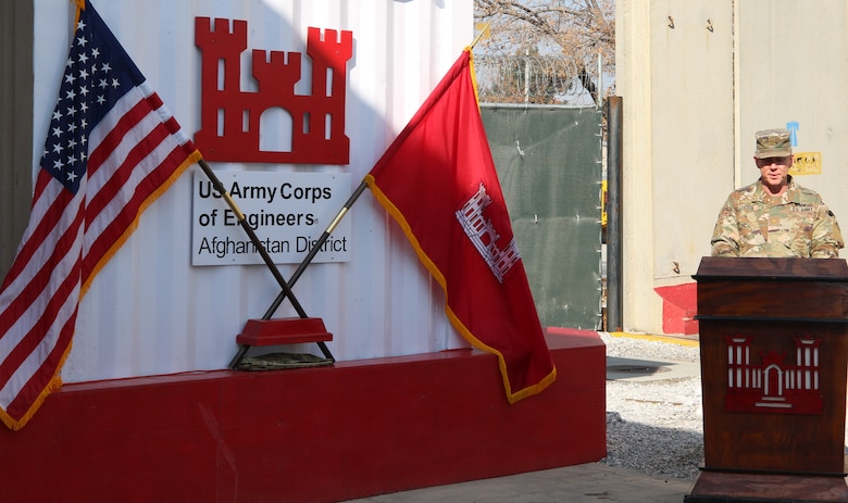 Major John Zook, Plans and Operations Officer in Charge, was the Master of Ceremony at the recent Casing of the USACE Colors at Bagram Airfield, Afghanistan.