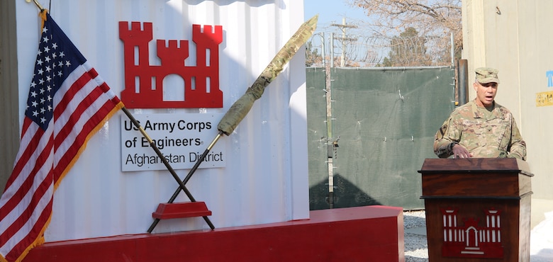 COL Mark Geraldi, USACE Afghanistan District Commanding Officer, addresses District team members during the Color Casing Ceremony held at Bagram Airfield, Afghanistan on December 16, 2020.