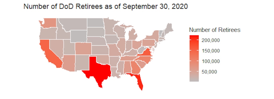 Number of DoD Retirees by State as of September 30, 2020.