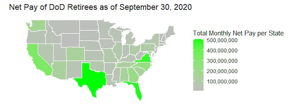 The total Net Pay of DoD Retirees by State as of September 30, 2020.