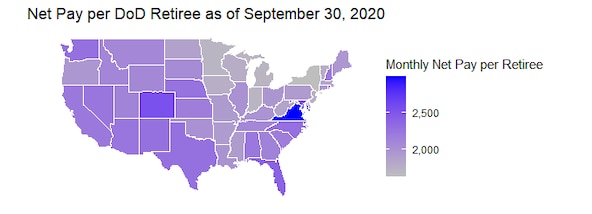 The total Net Pay of DoD Retirees by State as of September 30, 2020.