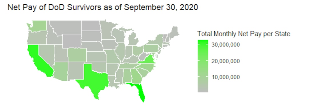 Net Pay of DoD Survivors by State as of September 30, 2020.