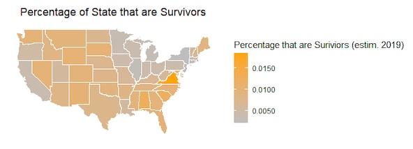 Percentage of State that are Survivors as of September 30, 2020 using US Census Population estimates from 2019and Number of Survivors as September 30, 2020.