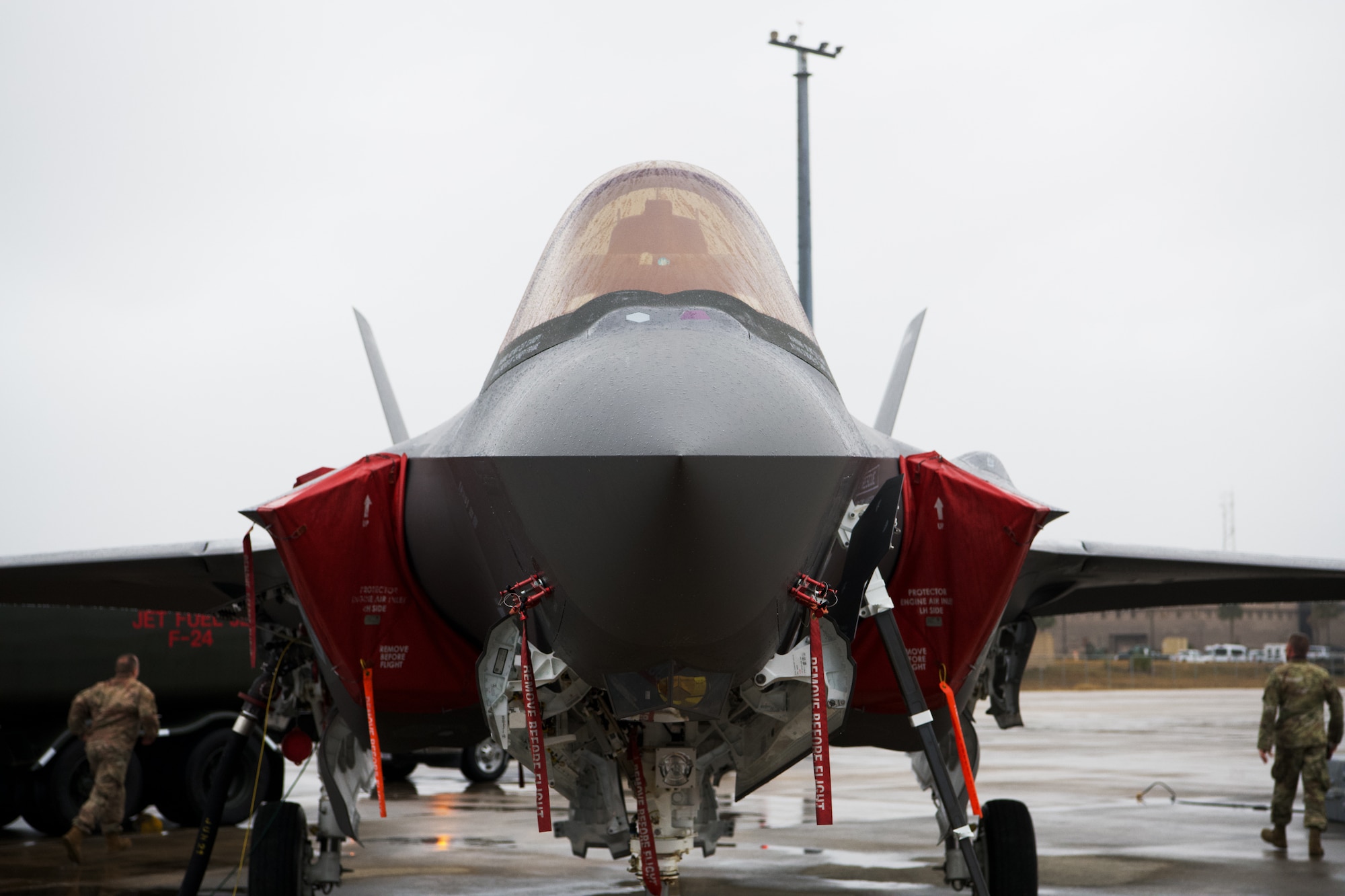 An F-35A Lightning II assigned to the 158th Fighter Wing, Vermont Air National Guard, awaits a scheduled take off during Weapons Systems Evaluation Program East 21.04 held at Tyndall Air Force Base, Florida, Jan. 22, 2021. The installation’s prime location on the coast of the Gulf of Mexico and its extensive airspace enabled the WSEP exercise to include aircraft flight and live munitions training. (U.S. Air Force photo by Senior Airman Jacob Dastas)