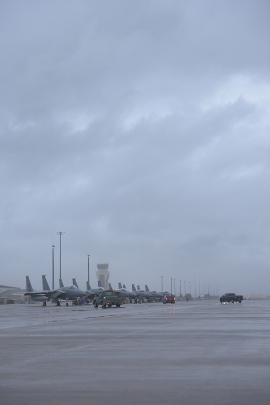 U.S. Air Force F-15C Eagles assigned to the 159th Fighter Wing, Louisiana Air National Guard, await take off during Weapons System Evaluation Program East 21.04 at Tyndall Air Force Base, Florida, Jan. 22, 2021. Tyndall’s location on the coast of the Gulf of Mexico allows the base to host a variety of exercises and makes it one of the few ranges in the U.S. capable of supporting large-scale air combat training. (U.S. Air Force photo by Staff Sgt. Magen M. Reeves)