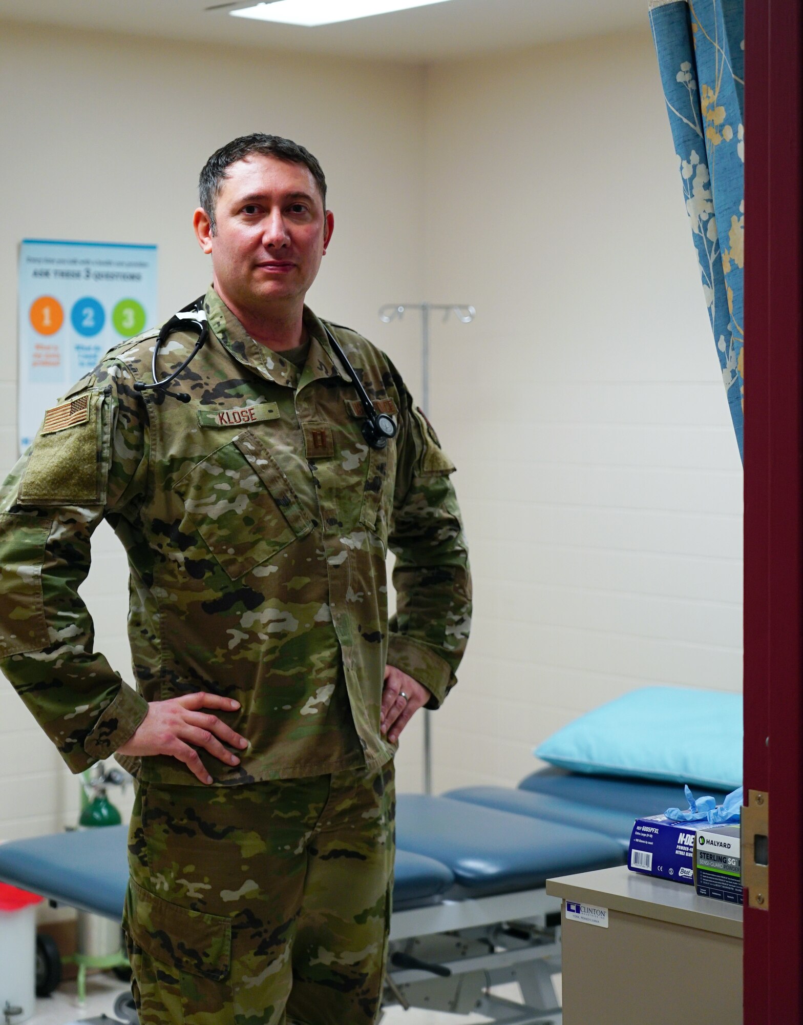 Capt. Michael Klose, 319th Medical Operations Squadron physician assistant, poses for a photo to display a patient intake room at Grand Forks Air Force Base, N.D., Jan. 21, 2021. Physician assistants help maintain the health and wellness of the Air Force by treating  Airmen and their families.