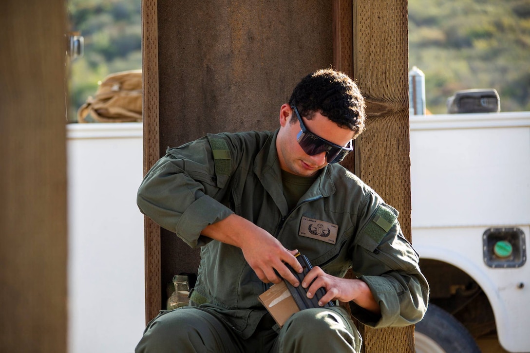 U.S. Marines with the Marine Corps Air Station Miramar’s Explosive Ordnance Disposal team shoot an M110 Semi-Automatic Sniper System on MCAS Miramar, San Diego, California, Jan. 12, 2020. EOD trained to improve their proficiency with the M110 Semi-Automatic Sniper System in order to safely detonate ordnance for a distance.