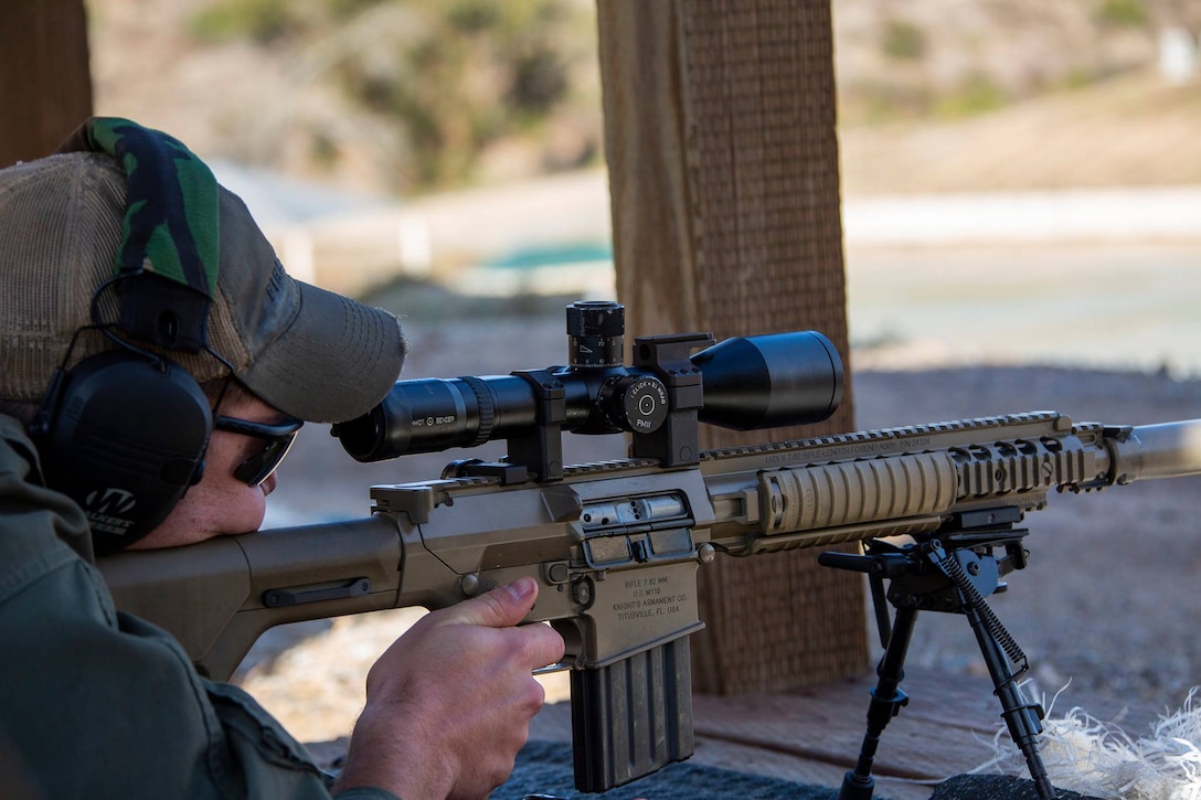 U.S. Marines with the Marine Corps Air Station Miramar’s Explosive Ordnance Disposal team shoot an M110 Semi-Automatic Sniper System on MCAS Miramar, San Diego, California, Jan. 12, 2020. EOD trained to improve their proficiency with the M110 Semi-Automatic Sniper System in order to safely detonate ordnance for a distance.