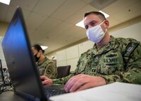 JOINT BASE LANGLEY-EUSTIS, Va. (Jan. 25, 2021) Navy Lt. Anthony Despota, assigned to Joint Task Force Civil Support, supports logistic sustainment operations for the Defense CBRN Response Force (DCRF) responding to a simulated improvised nuclear detonation in a metropolitan area during exercise Sudden Response 21.