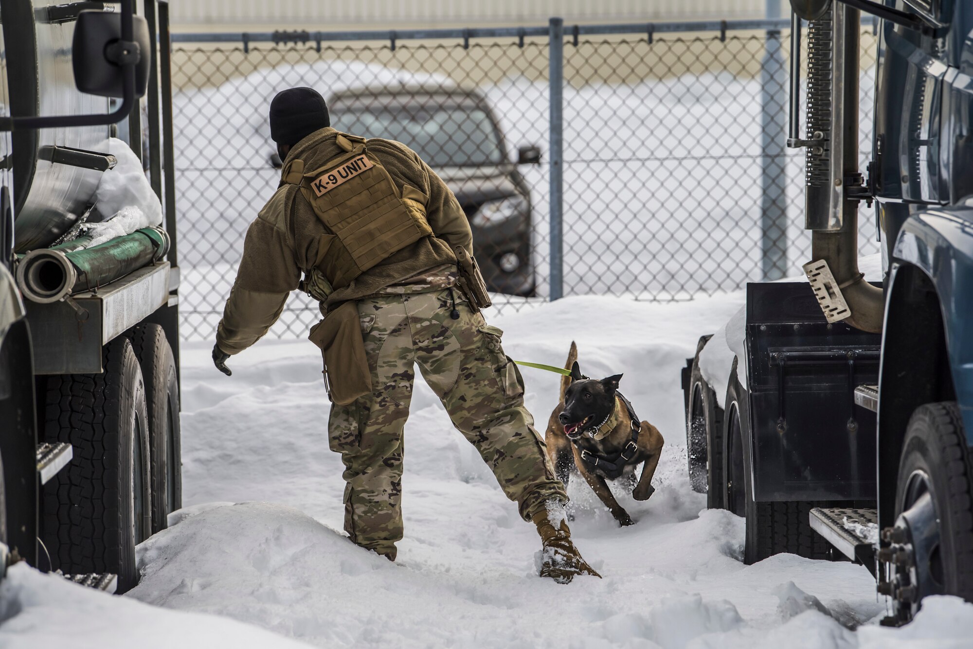Man in uniform with his back towards the camera, gestures with his left hand to the side of a truck while his dog runs towards it in the snow.