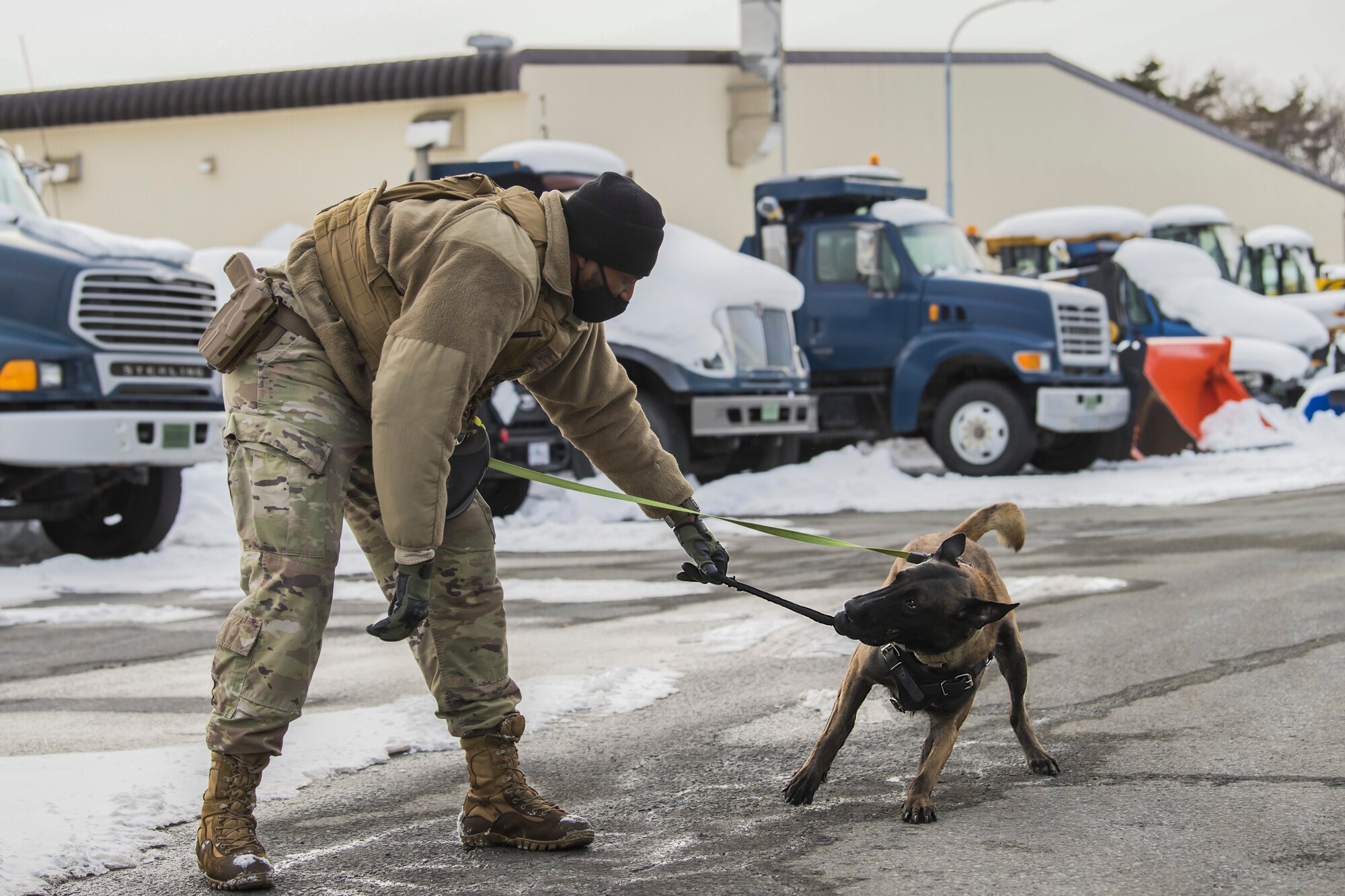 Man in uniform plays tug-of-war with his dog in a snowy parking lot