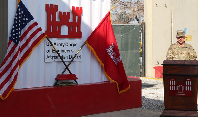 Major John Zook, Plans and Operations Officer in Charge, was the Master of Ceremony at the recent Casing of the USACE Colors at Bagram Airfield, Afghanistan.