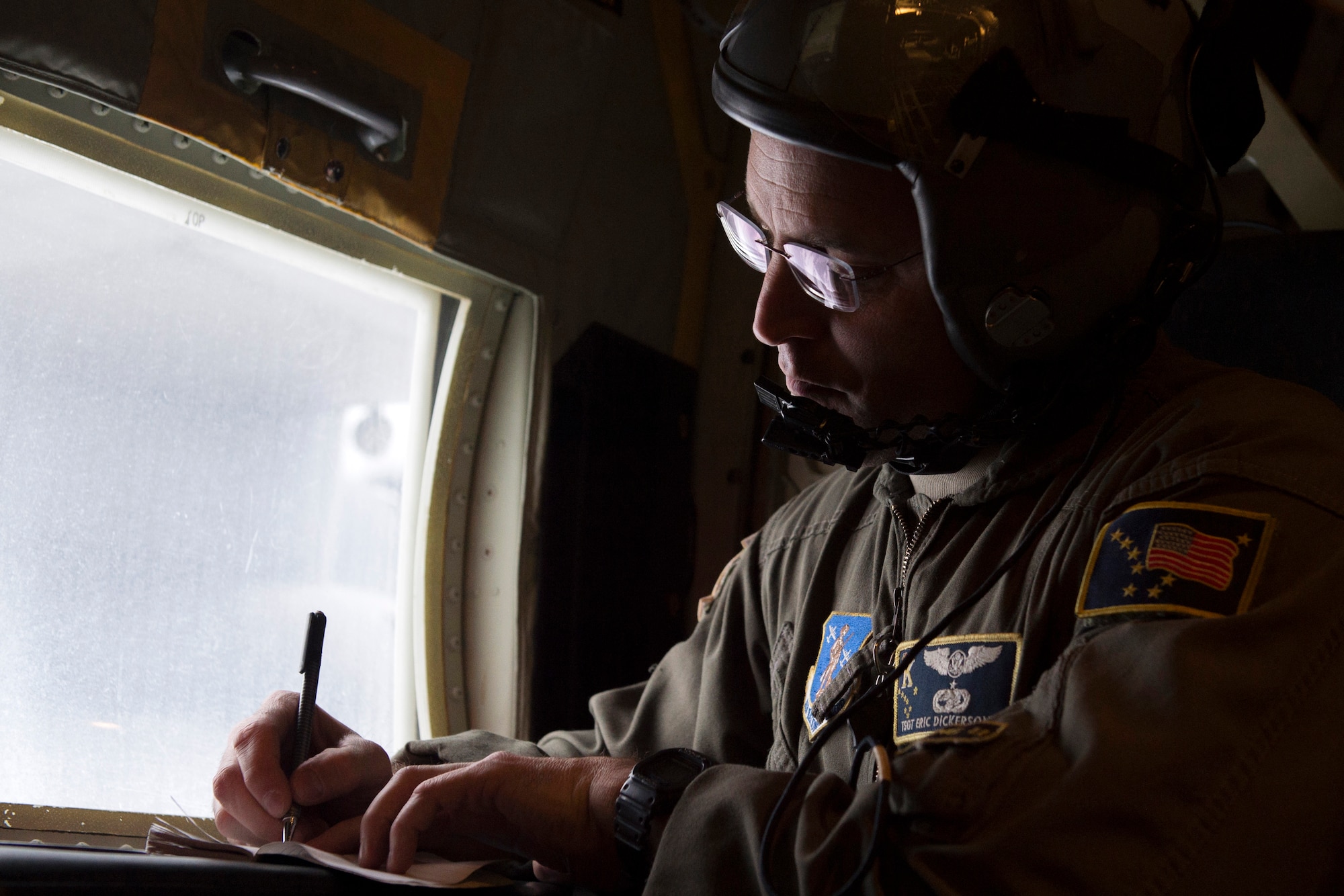 U.S. Air Force Tech. Sgt. Eric Dickerson, a loadmaster assigned to the 211th Rescue Squadron, Alaska Air National Guard, creates a timeline for a HC-130J Combat King II’s simulated search and rescue over Alaska, Jan. 21, 2021, during Operation Noble Defender. Operation Noble Defender is a North American Air Defense Command air-defense operation which allows dynamic training for operational readiness in an arctic environment.