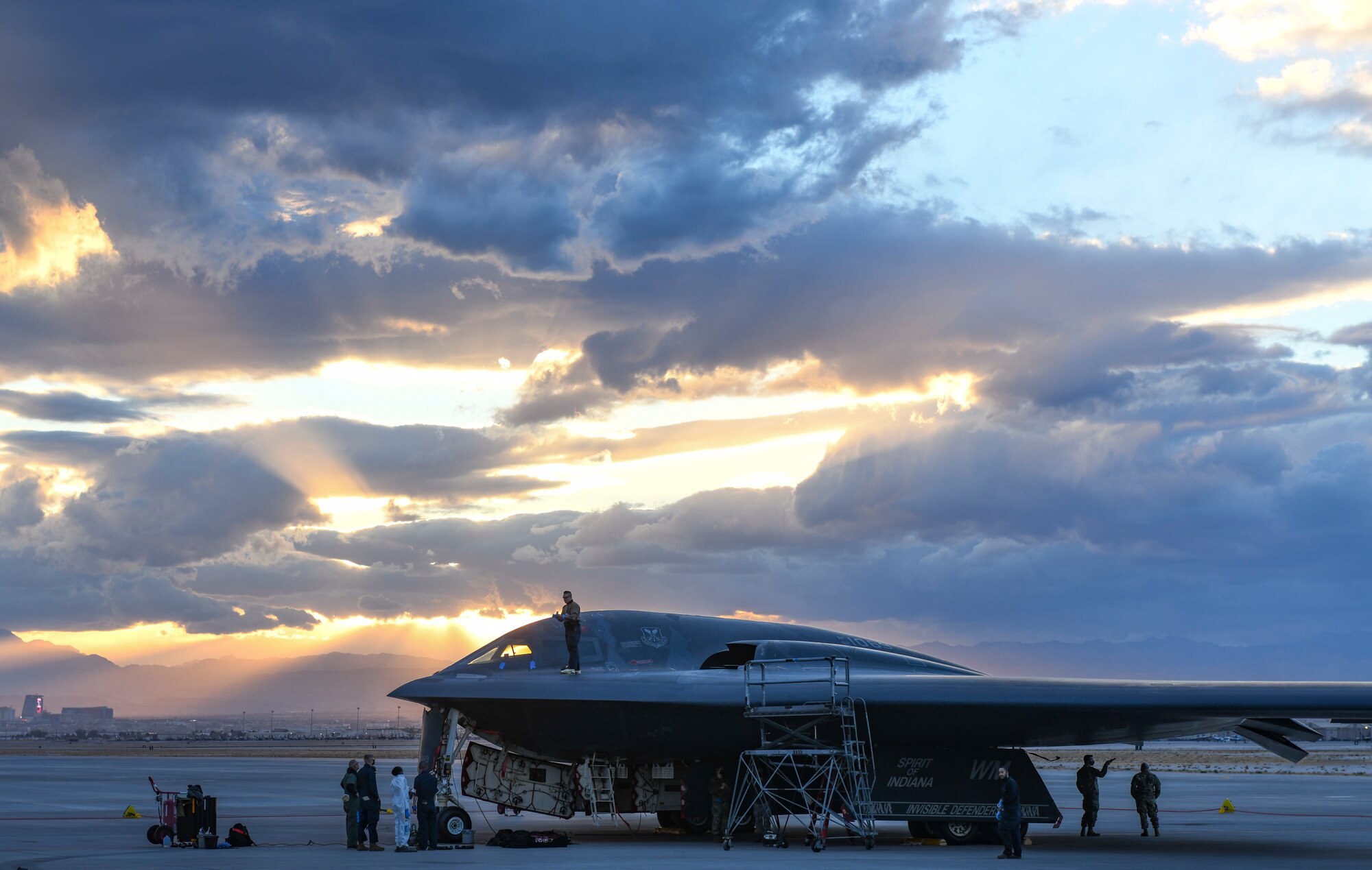 Maintenance Airmen with the 393rd Expeditionary Bomb Squadron conduct post-flight checks on a B-2 Spirit Stealth Bomber during Red Flag 21-1, at Nellis Air Force Base, Nevada, Jan. 22, 2021. Red Flag 21-1 is the U.S. Air Force's premier air-to-air combat training exercise that provides opportunity to enhance readiness and training as a joint force, enabling Whiteman to respond to any potential crisis or challenge across the globe. (U.S. Air Force photo by Staff Sgt. Sadie Colbert)