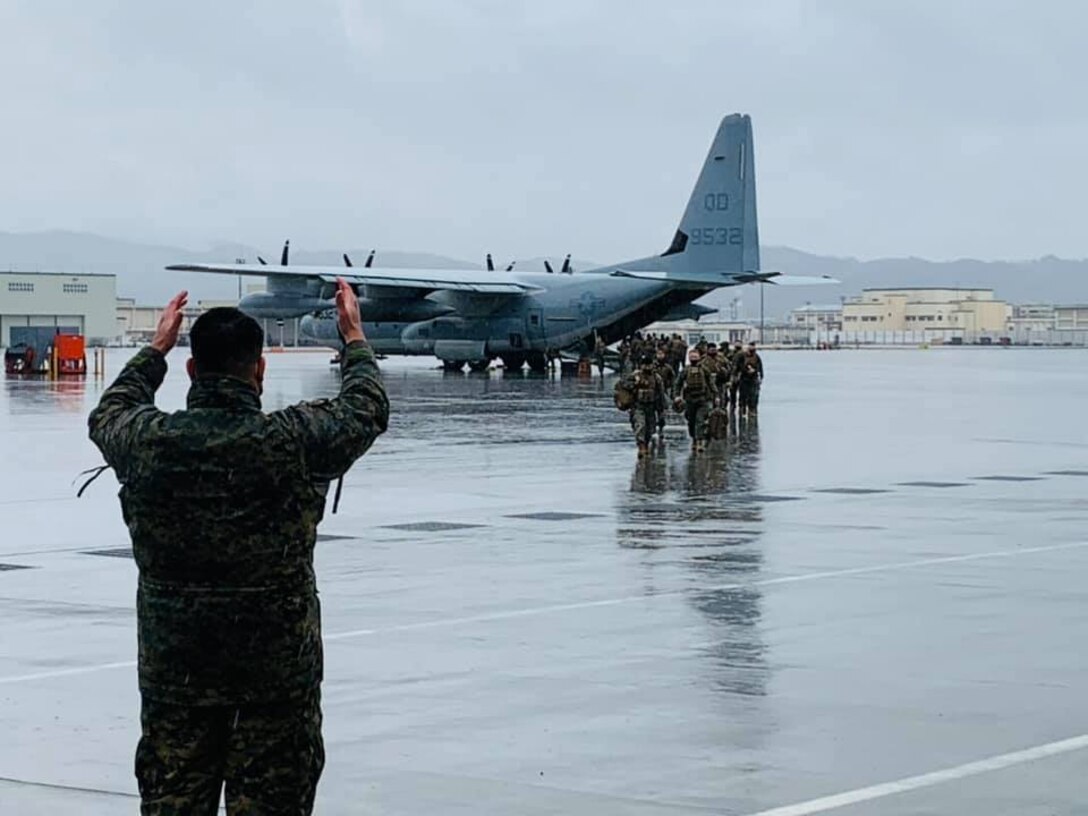 3D MEB Marines deployed on KC-130 aircraft from Okinawa to mainland Japan to rehearse distributed operations as part of 3D MEB’s mission to be able to rapidly conduct expeditionary advanced base operations on Jan. 24, 2020.