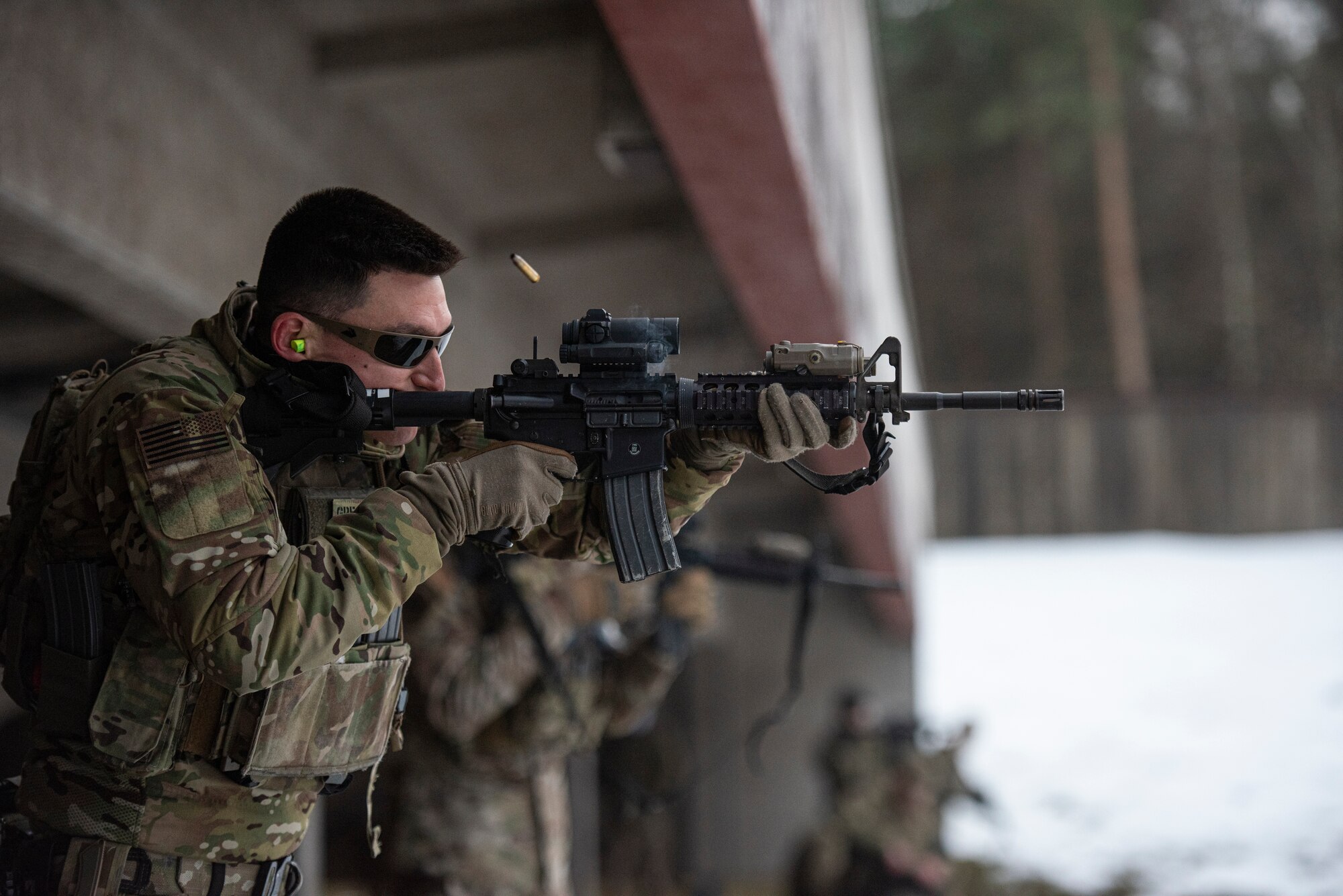U.S. Air Force Capt. Christopher Gresham, 569th U.S. Forces Police Squadron operations officer, fires an M4 carbine at Breitenwald Landstuhl Range, Germany, Jan. 20, 2021.