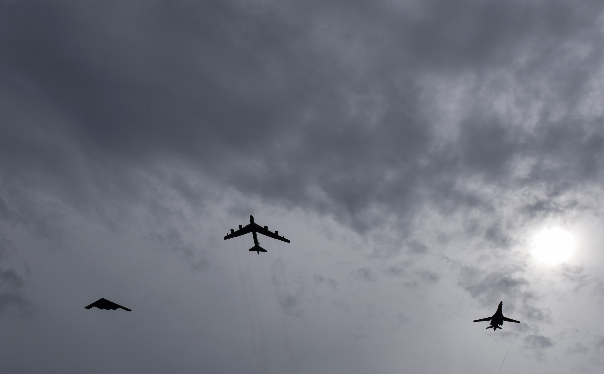 A U.S. Air Force B-52 Stratofortress, B-1 Lancer and B-2 Spirit fly over Guam after launching from Andersen Air Force Base, Guam, for an integrated bomber operation, Aug.17, 2016.