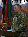 Maj. Gen. Greg Knight speaks at the sendoff ceremony for the Vermont National Guard's 172nd Law Enforcement Detachment in Williston, Vermont, Jan. 25, 2021. The 172nd LED, part of Garrison Support Command, will depart to Fort Bliss, Texas, for evaluation and processing before deploying in support of U.S. European Command operations. Knight is Vermont's adjutant general. (U.S. Army National Guard photo by Don Branum)