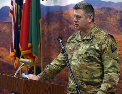 Col. Justin Davis speaks to Soldiers with the Vermont National Guard's 172nd Law Enforcement Detachment during a sendoff ceremony Jan. 25, 2021, in Williston, Vermont. After processing and evaluations at Fort Bliss, Texas, the detachment will deploy to support U.S. European Command operations. Davis is the Vermont National Guard's director of operations. (U.S. Army National Guard photo by Don Branum)